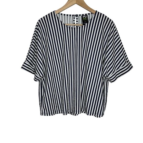 Pure Essence Short Sleeve Top Womens Medium Navy White Stripe Boxy Casual - Picture 1 of 10